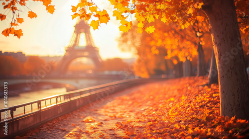 Golden Autumn with Eiffel Tower in the background, autumn landscape in yellow and red tones