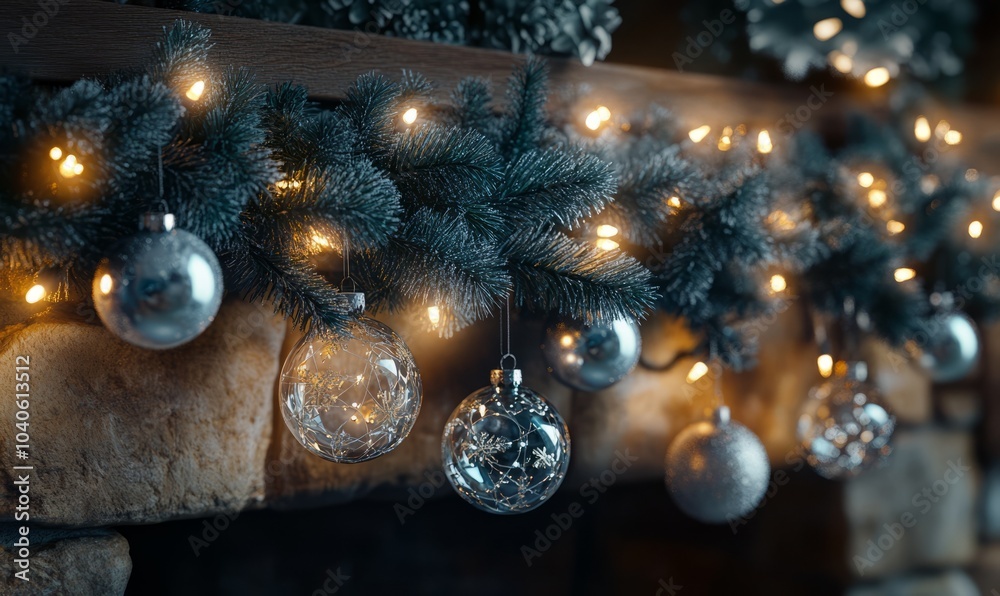 Frosted 3D Christmas garland with intertwined lights, pine branches, and hanging glass ornaments, casting shadows on a stone fireplace Frosted 3D Christmas garland with intertwined lights, pine branches, and hanging glass ornaments, casting shadows on a stone fireplace