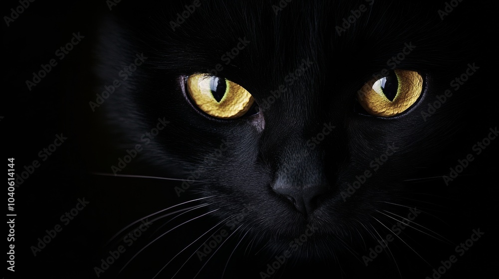 A close-up of a black cat with striking yellow eyes in a dark setting during twilight hours A close-up of a black cat with striking yellow eyes in a dark setting during twilight hours