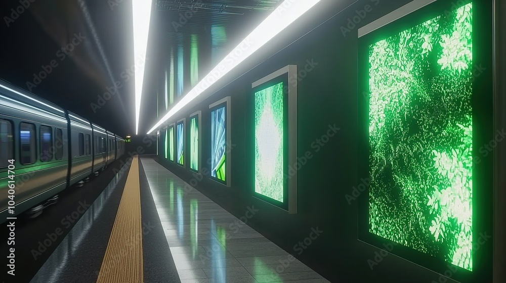 Vibrant art installations illuminate a modern subway station platform during a late evening commute in an urban setting Vibrant art installations illuminate a modern subway station platform during a late evening commute in an urban setting
