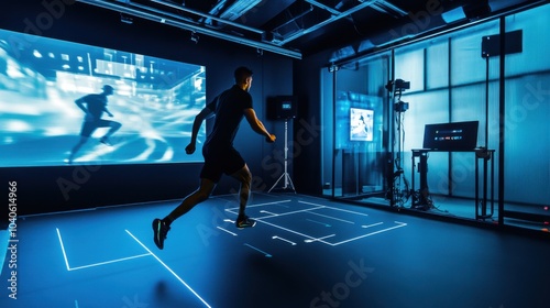 A professional athlete training rigorously in a state-of-the-art sports biomechanics lab with advanced motion capture technology, Sports biomechanics scene, High-tech style