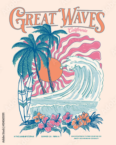 Women's Beach Graphic. retro summer print Design. Topical beach girls t shirt design. Great Waves in California.
