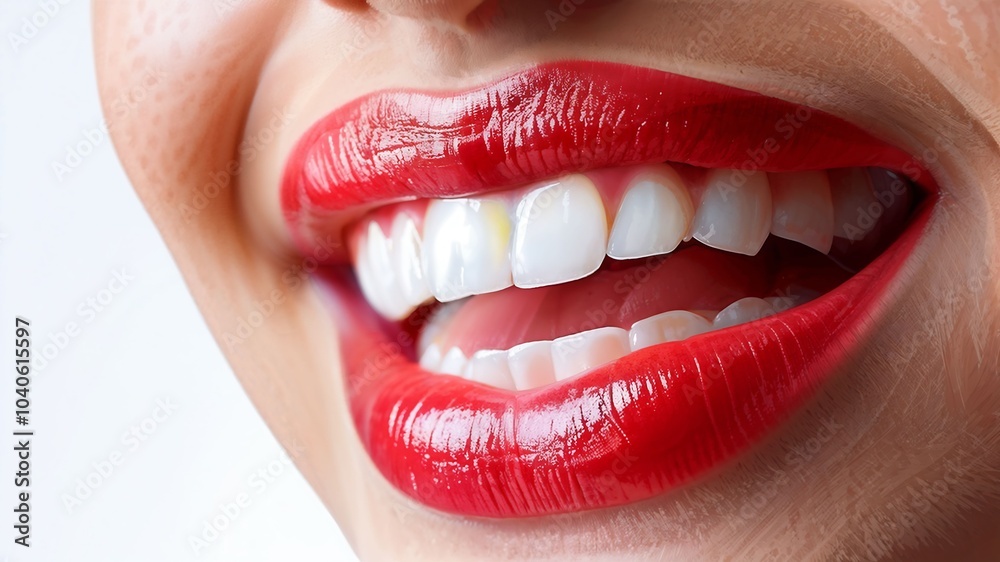 Obraz premium Close up of woman's red glossy lips. Cosmetic beauty and dental concept