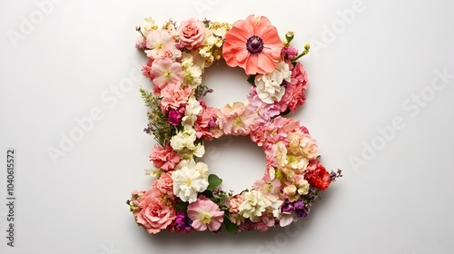 2. An elegant cursive letter B made of flowers, set against a white background