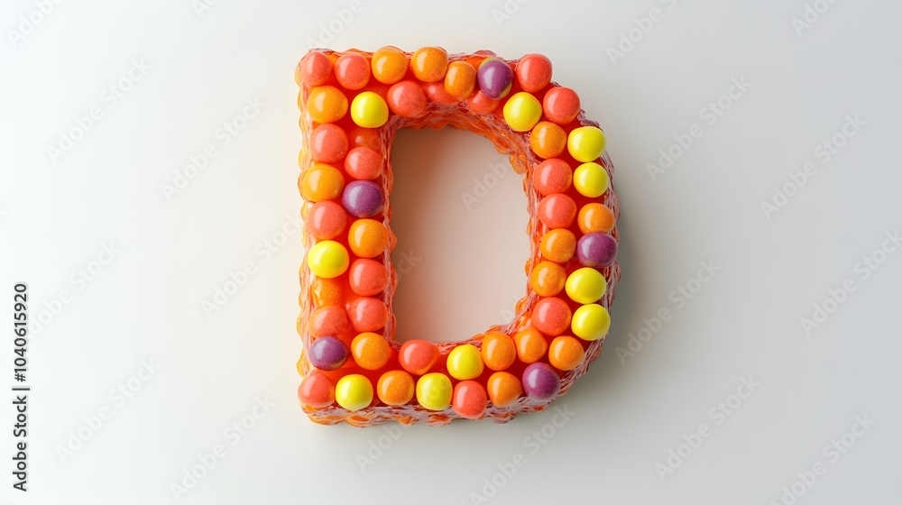 4. A playful letter D constructed from candy, placed on a white background 4. A playful letter D constructed from candy, placed on a white background