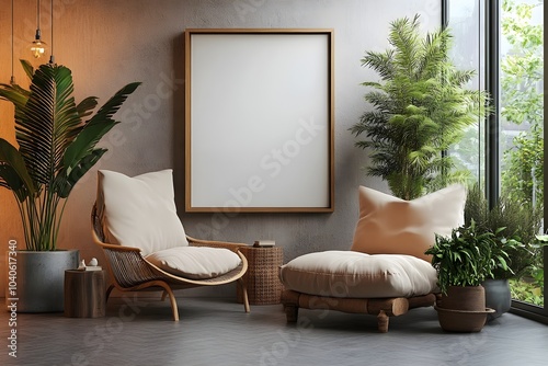  Blank white poster mockup in a modern living room with minimalist decor and clean lines. 3d rendering