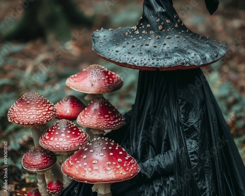 Guardian of vibrant fly agaric mushrooms in the enchanting forest landscape of nature s beauty photo