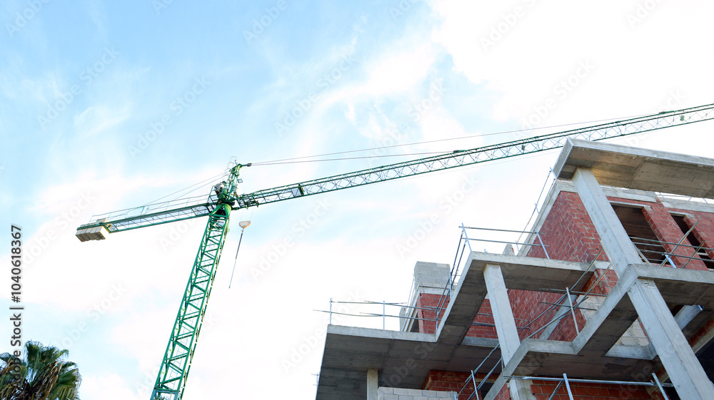 Construction crane tower rises above skyline with workers maneuvering equipment at a busy urban site during daylight hours Construction crane tower rises above skyline with workers maneuvering equipment at a busy urban site during daylight hours