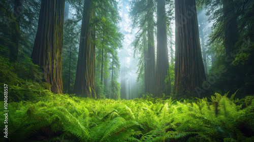 Ethereal Morning Light Through an Ancient Redwood Grove: Massive Trunks, Fern-Covered Forest Floor, and Incredible Detail in a National Geographic Style Image.