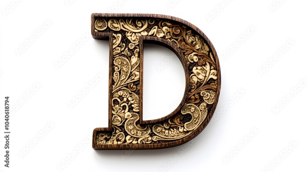 30. A letter D designed from intricate patterns of fabric, on a white background 30. A letter D designed from intricate patterns of fabric, on a white background