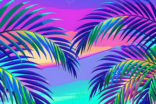 Vibrant Tropical Palm Leaves Against Stunning Sunset Abstract Background