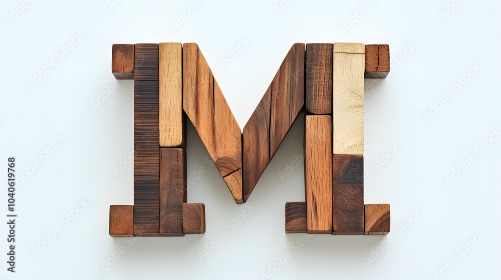 39. A letter M crafted from wooden blocks, arranged creatively on a white background 39. A letter M crafted from wooden blocks, arranged creatively on a white background