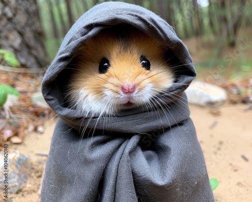 A charming adventure  a fairytale hamster in a cape strolls through enchanted forest trails photo