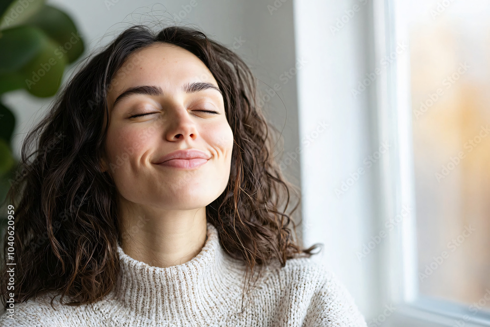 tranquil young woman showing inner peace tranquil young woman showing inner peace