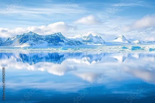 Snow-covered mountains reflecting in calm Arctic waters