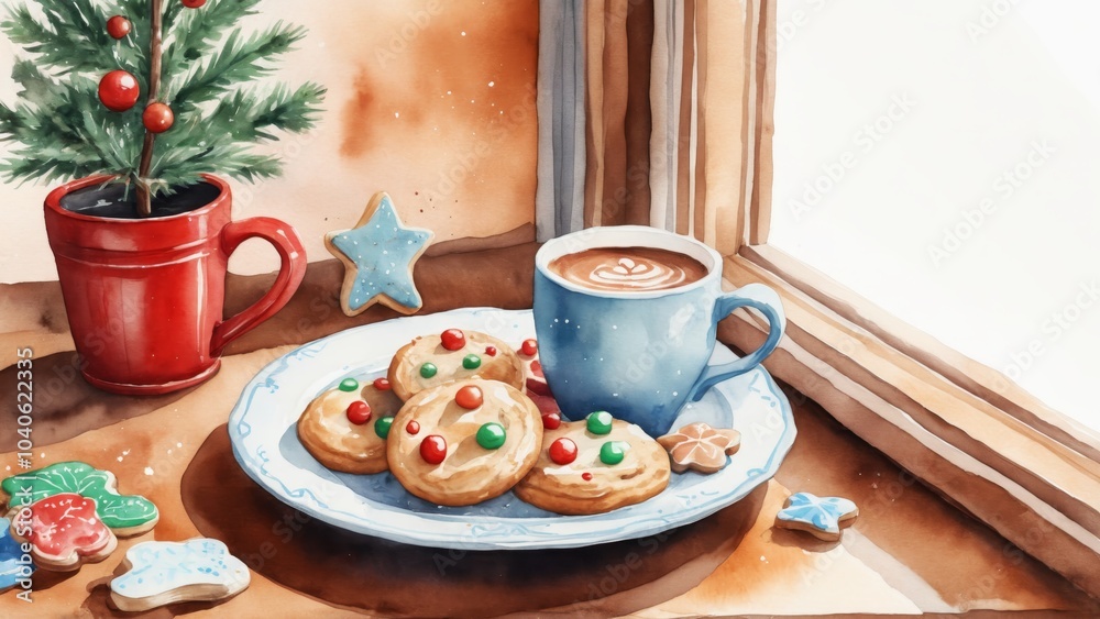 Cozy winter afternoon with decorated cookies and warm cocoa beside a festive mini Christmas tree Cozy winter afternoon with decorated cookies and warm cocoa beside a festive mini Christmas tree