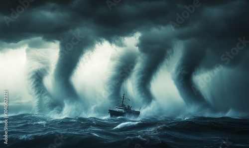 A dramatic storm with multiple waterspouts threatening a ship at sea during an ominous weather event photo