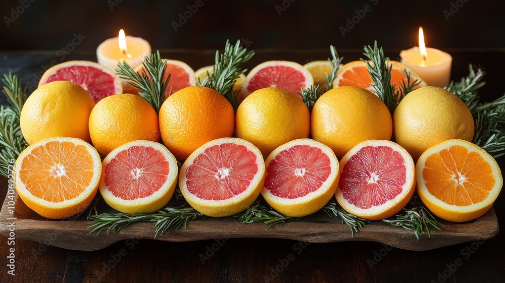 A holiday table setting featuring a centerpiece made of fresh citrus fruits--lemons, oranges, and grapefruits--arranged with sprigs of pine, rosemary, and holiday candles