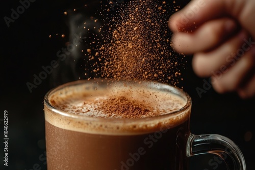 Mug of hot chocolate with a hand sprinkling chocolate powder on top