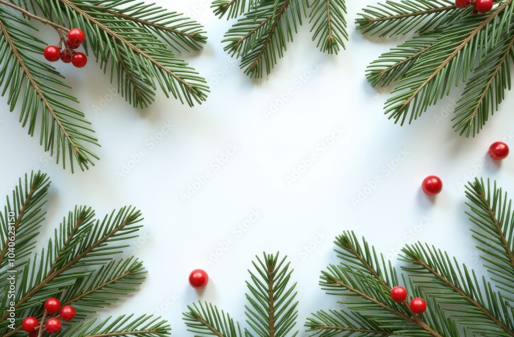 Festive christmas frame with evergreen branches and red berries for holiday design