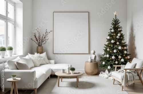 Elegant modern living room with minimalist christmas decor for holiday card design