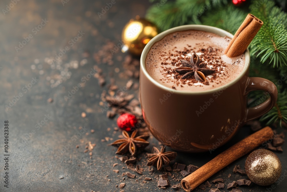 Mug of hot chocolate with a cinnamon stick on top for Christmas Mug of hot chocolate with a cinnamon stick on top for Christmas