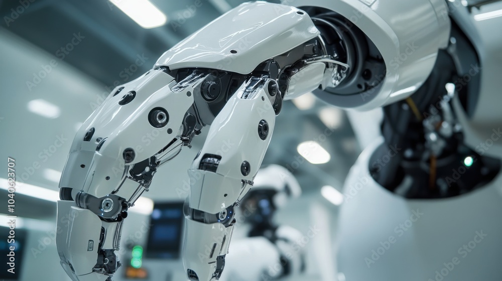 A detailed shot of the modular limbs and customization options of a humanoid service robot in a robotics development center, Robotics style, photo of A detailed shot of the modular limbs and customization options of a humanoid service robot in a robotics development center, Robotics style, photo of
