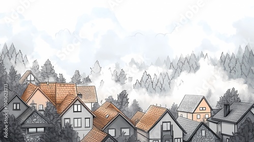 Misty rural village on a foggy autumn day, surrounded by colorful fall trees and quiet streets, ideal for peaceful seasonal visuals.
