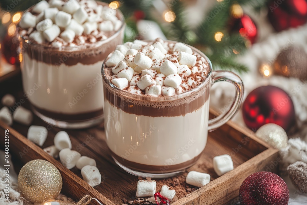 Two cups of hot chocolate with marshmallows on top for Christmas Two cups of hot chocolate with marshmallows on top for Christmas
