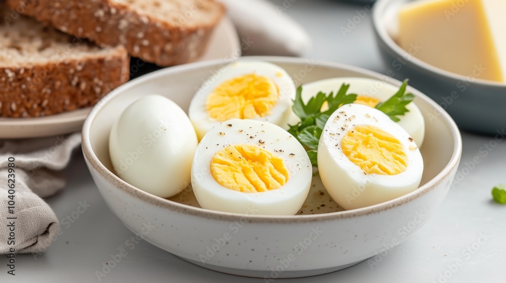 A bowl holds boiled eggs alongside a plate of brown bread and butter, ready for a meal. Boiled eggs, bread, and butter served on a white table. A bowl holds boiled eggs alongside a plate of brown bread and butter, ready for a meal. Boiled eggs, bread, and butter served on a white table.
