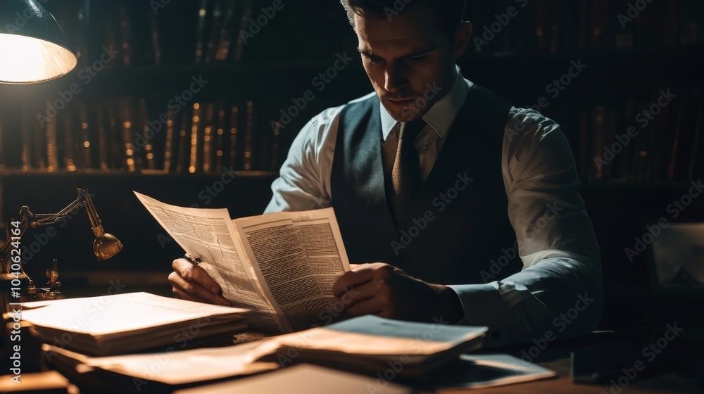 Detective reviewing case files and photographs in a dimly lit office Detective reviewing case files and photographs in a dimly lit office