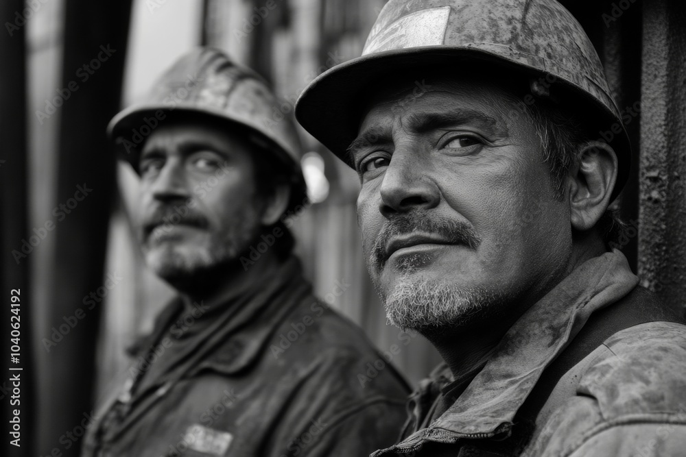 Two miners in protective helmets pose for a portrait inside a coal mine during the day, showcasing their hard work and dedication Two miners in protective helmets pose for a portrait inside a coal mine during the day, showcasing their hard work and dedication