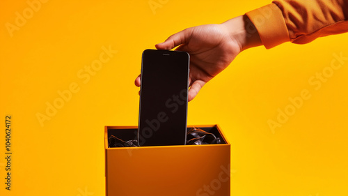 Man's hand putting smartphone into trash on a yellow background. Phone addiction, self control and digital detox concept. Generative AI