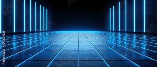 Futuristic hallway with glowing blue neon lights and reflective tile floor on a dark background.