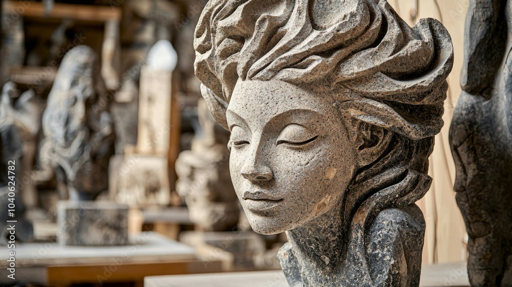Finished stone sculpture displayed prominently in a workshop setting Finished stone sculpture displayed prominently in a workshop setting