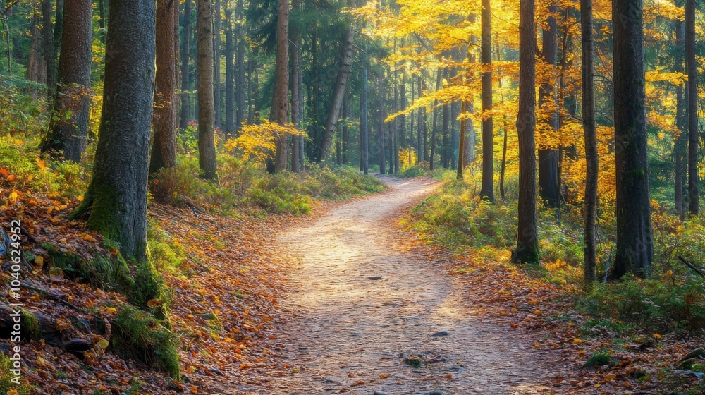 Obraz premium A serene forest landscape with autumn foliage and a winding trail, Nature exploration theme, Tranquil style