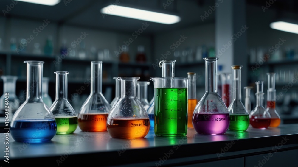 A laboratory table with various beakers, flasks, and test tubes containing colorful liquids. The beakers and flasks are filled to varying levels, and some have droppers or pipettes inserted into them. A laboratory table with various beakers, flasks, and test tubes containing colorful liquids. The beakers and flasks are filled to varying levels, and some have droppers or pipettes inserted into them.