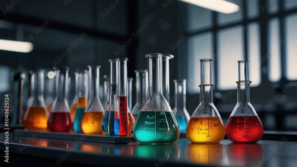 A laboratory table with various beakers, flasks, and test tubes containing colorful liquids. The beakers and flasks are filled to varying levels, and some have droppers or pipettes inserted into them. A laboratory table with various beakers, flasks, and test tubes containing colorful liquids. The beakers and flasks are filled to varying levels, and some have droppers or pipettes inserted into them.