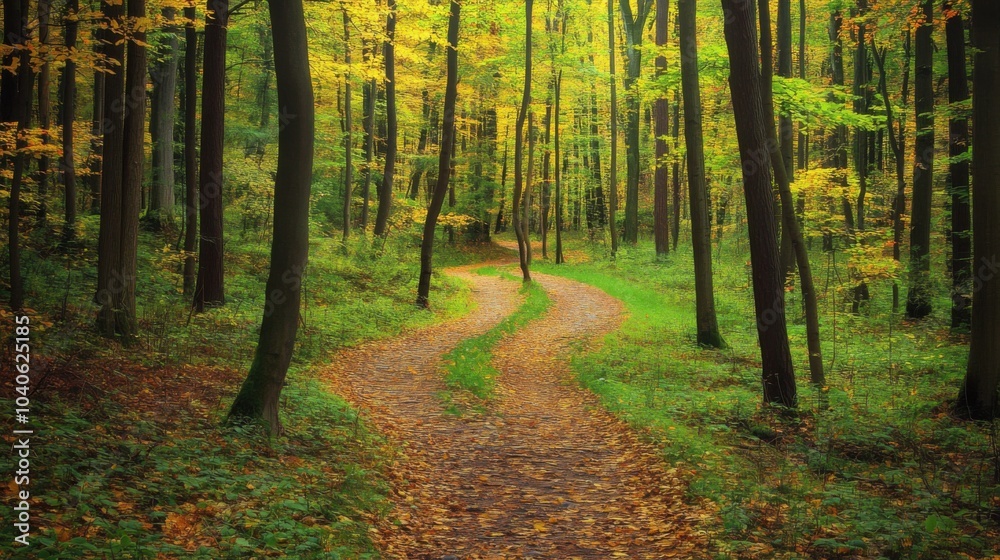 Fototapeta premium A serene forest landscape with autumn foliage and a winding trail, Nature exploration theme, Tranquil style