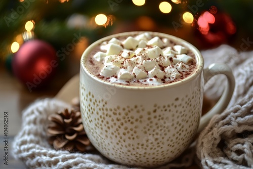 Mug of hot chocolate with marshmallows on top sits on a table next to a red for Christmas