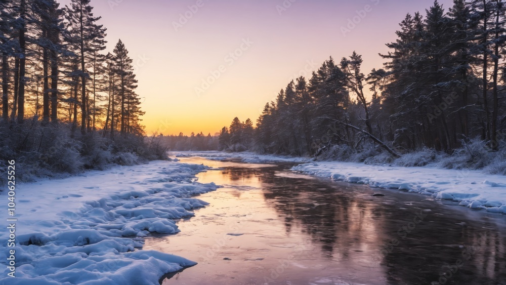 Serene winter dawn at a frozen river surrounded by snow-covered trees Serene winter dawn at a frozen river surrounded by snow-covered trees