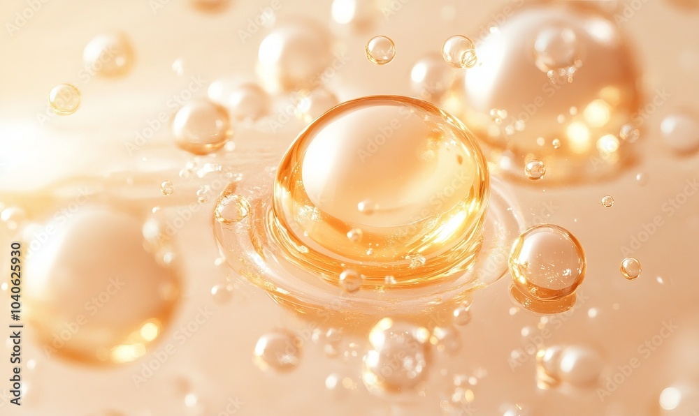 Golden collagen serum essence droplet falling on skin cells with bubbles