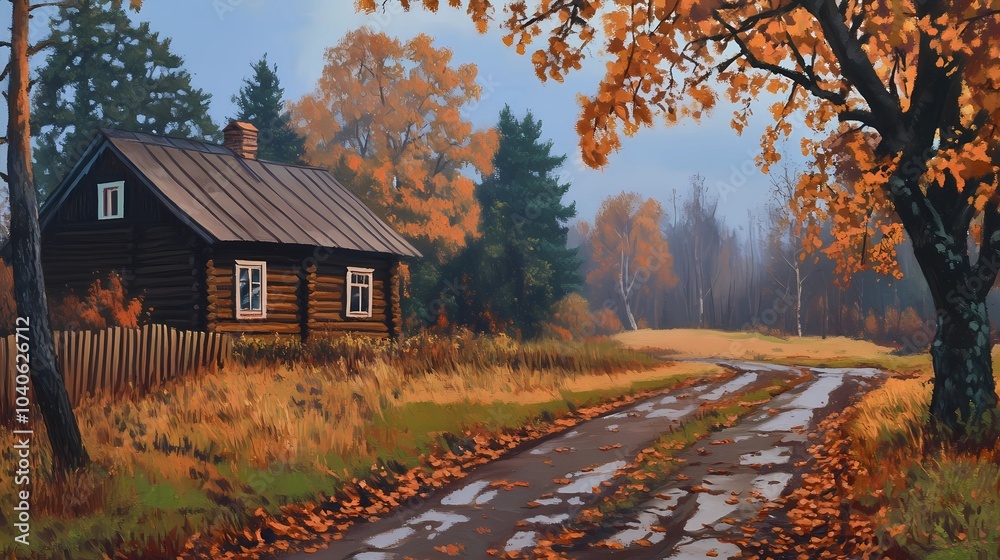 Fototapeta premium Fog-covered autumn village with red and orange trees, creating a peaceful and mysterious seasonal atmosphere for nature and landscape photography.
