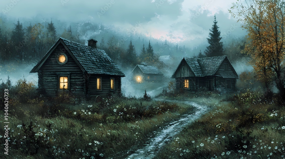 Fog-covered autumn village with red and orange trees, creating a peaceful and mysterious seasonal atmosphere for nature and landscape photography. Fog-covered autumn village with red and orange trees, creating a peaceful and mysterious seasonal atmosphere for nature and landscape photography.