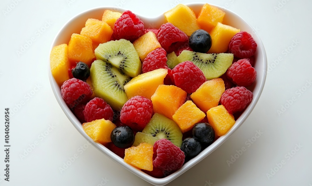 Fruit salad in heart shaped bowl - healthy eating Fruit salad in heart shaped bowl - healthy eating