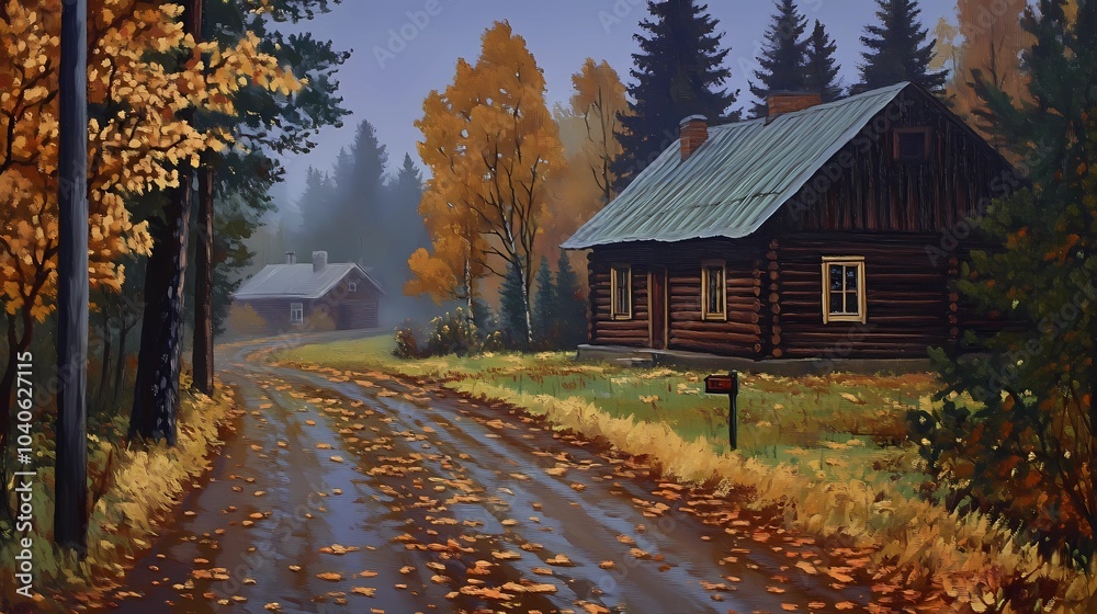 Fototapeta premium Fog-covered autumn village with red and orange trees, creating a peaceful and mysterious seasonal atmosphere for nature and landscape photography.
