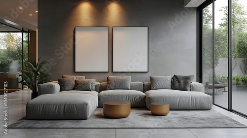  Blank white poster mockup in a modern living room with minimalist decor and clean lines. 3d rendering