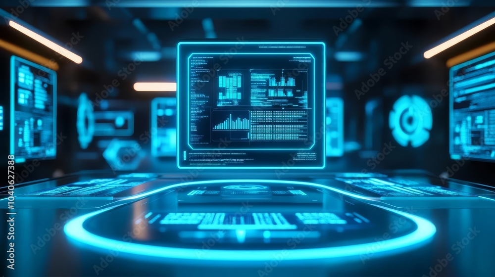 Obraz premium Algorithm creation lab, floating data panels, futuristic tech station, glowing blue neon