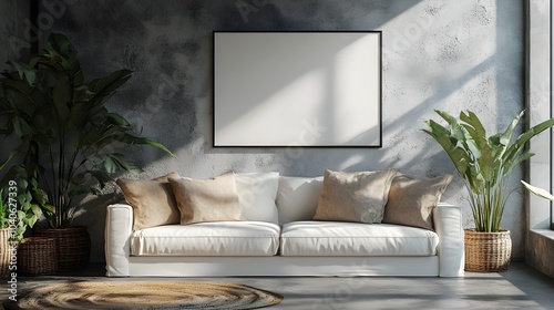  Blank white poster mockup in a modern living room with minimalist decor and clean lines. 3d rendering
