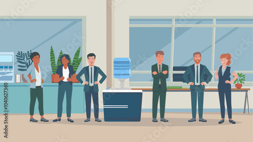 People talk near cooler in office. Vector flat illustration of meeting and conversation of workers. Workplace interior with water dispenser, table and employees discuss of gossips and news